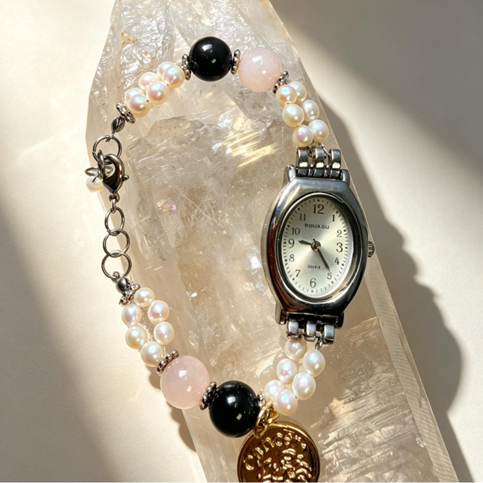 Cancer Energy Watch with Pearls, Rose Quartz & Garnet