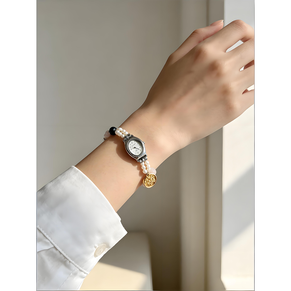 Cancer Energy Watch with Pearls, Rose Quartz & Garnet