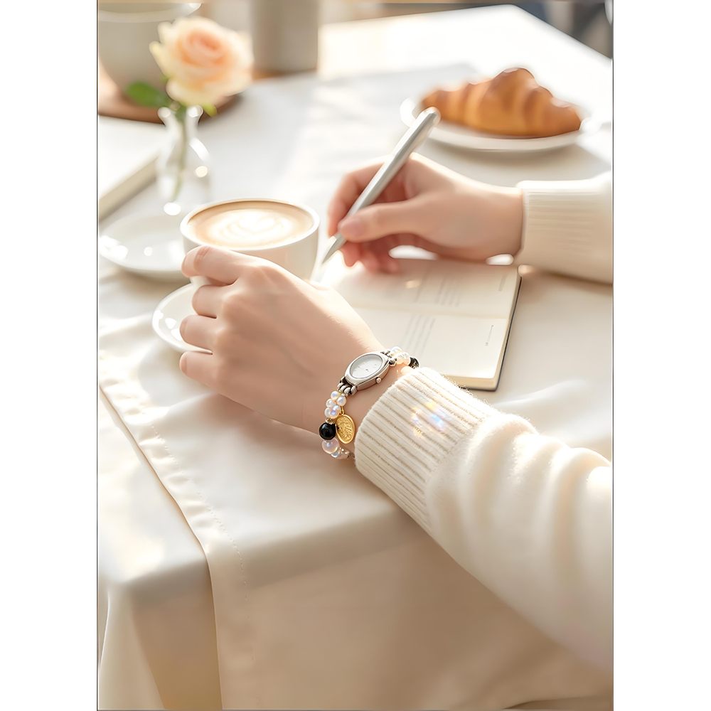 Cancer Energy Watch with Pearls, Rose Quartz & Garnet