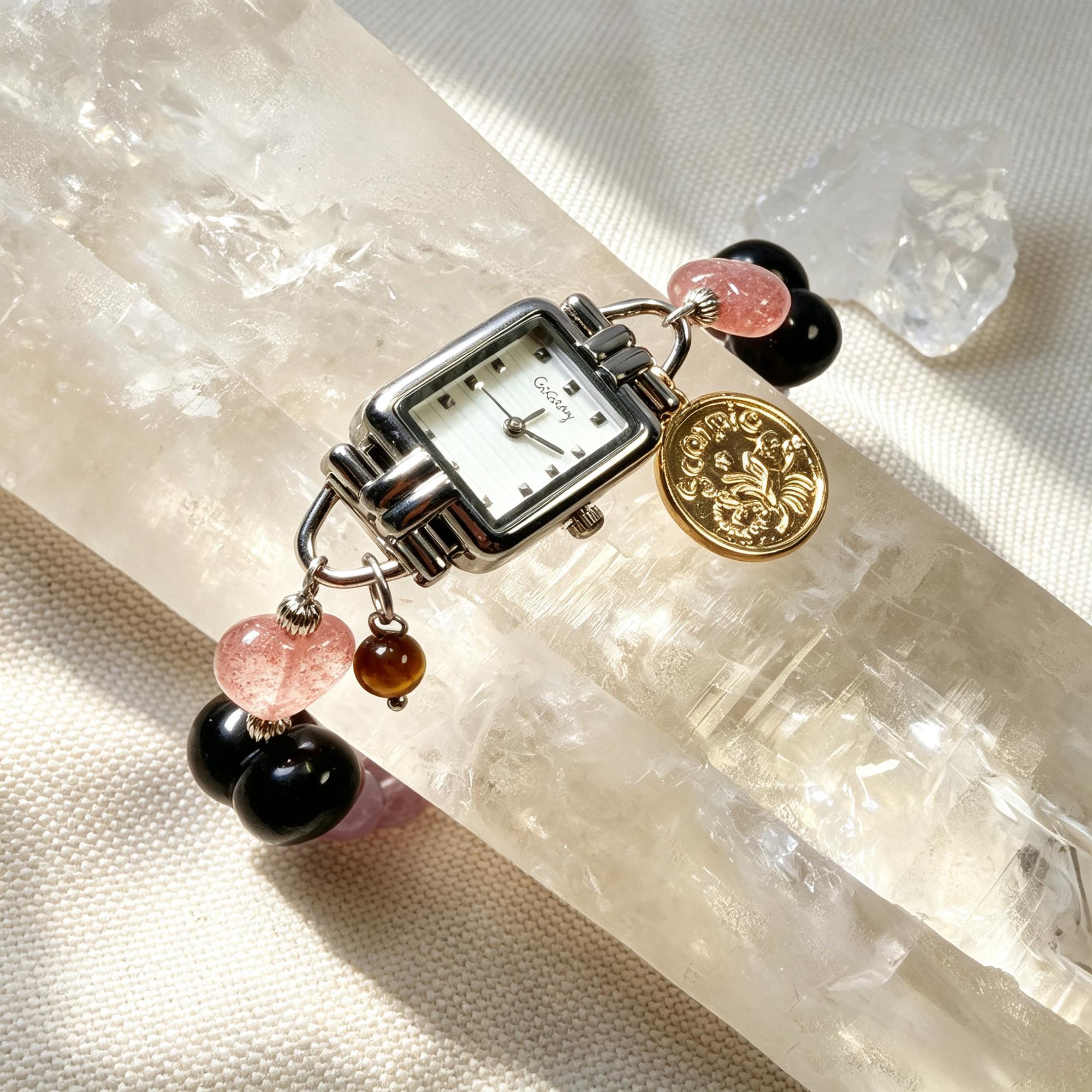 Scorpio Energy Watch with Silver Obsidian, Strawberry Quartz & Amethyst | Guardian of Positive Aura